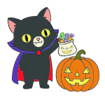 A playful cat dressed as a vampire for Halloween with a pumpkin and candy bag 🎃🧛🐱 Colored Example