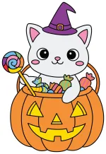 Adorable Halloween Cat with a Witch Hat in a Pumpkin Basket 🎃🐱🧙‍♀️ Colored Example