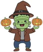 Halloween Frankenstein Witch Hat Holding Pumpkins 🎃👻🎃 Colored Example