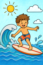 Happy Boy Surfing on a Big Wave 🏄‍♂️🌊☀️ Colored Example