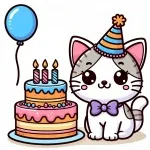 Happy Cat with Birthday Cake Balloon and Party Hat (3 candles) 🎈🎂🎉 Colored Example
