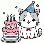 Happy Cat with Birthday Cake and Party Hat and Bow 3 candles for 3 Years 🎂🎉🐱🎀 Colored Example