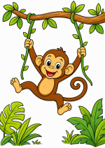 Happy Cheeky Monkey Swinging on Vines 🐒🌿🍌 Colored Example