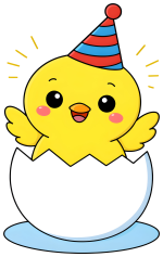 A Happy Chick Hatching from an Egg with a Party Hat 🐣🎉🎈 Colored Example