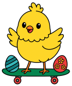 Happy Chick on Skateboard with Two Decorated Easter Eggs 🐣🛹🌸🥚 Colored Example