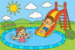 Happy Children Playing with Summer Slide and Pool ☀️💦👦👧 Colored Example