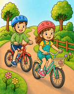 Happy Children Riding Bicycles 🚲🌳☀️ Colored Example