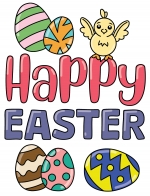 Happy Easter Text with Chick on Letter P Surrounded by Decorated Easter Eggs 🐣🎨🌸🥚✨ Colored Example