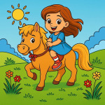 Happy Girl Riding Pony in Sunny Field with Flowers 🌞🐴🌸 Colored Example