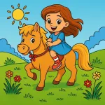 Happy Girl Riding Pony in Sunny Field with Flowers 🌞🐴🌸 Colored Example
