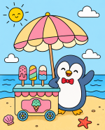Happy Kawaii Penguin Selling Ice Pops 🐧☀️🍦 Colored Example