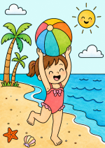 Happy Little Girl Playing with Beach Ball 🏖️☀️👧 Colored Example