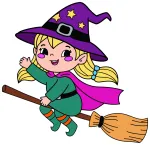 A Happy Little Witch Flying on a Broom with a Star Hat 🧙‍♀️🌟🎃 Colored Example