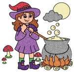 Happy Little Witch Stirring a Bubbling Cauldron under the Moon with Mushrooms and Fire 🌙🧙‍♀️🔥🍄✨ Colored Example