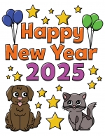 Happy New Year 2025 Dog and Cat with Stars and Balloons 🐾🎈✨🌟 Colored Example