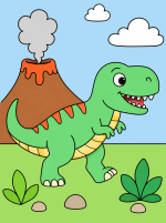 Happy T-Rex Dinosaur Near Volcano 🦖🌋🌿 Colored Example