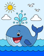 Happy Whale Spouting Water 🐋🌊☀️ Colored Example