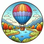 Hot Air Balloon over Landscape with River Mountains and Trees 🎈🏞️🌳 Colored Example