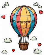 Hot Air Balloon Flying in between Clouds and Hearts 🎈☁️❤️ Colored Example