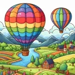 Hot Air Balloons Flying over Countryside with River Mountains Trees and Houses 🎈🏞️🏡 Colored Example