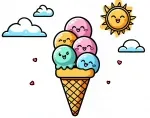 Ice Cone with Scoops with Happy Faces in Summer with a Smiling Sun and Clouds 🍦☀️😊🌤️ Colored Example