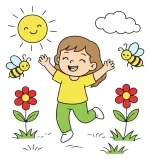 Joyful Girl with Friendly Bees in a Sunny Garden 🌞🐝🌸 Colored Example