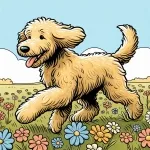 Labradoodle Dog Walking Happily in Field with Flowers 🌼🐶 Colored Example