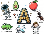 Letter A Words Learning Sheet: Astronaut - Avocado - Apple - Ant - Angel - Airplane - Alligator 🅰️🥑🐊🍎🐜 Colored Example
