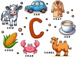Letter C Words Learning Sheet: Cow - Car - Coat- Cup - Camel - Crab - Corn 🐮🚗🦀 Colored Example