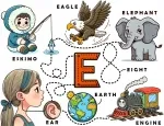 Letter E Words Learning Sheet: Eskimo - Eagle - Elephant - Eight - Engine - Earth - Ear 🦅🐘🚂 Colored Example