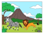 Lion Chasing Zebra in a Savannah with Volcano Mountain Background 🦁🦓🌋🌾🔥 Colored Example