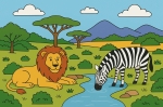 Lion and Zebra by the Water in the Savanna 🦁🦓🌳 Colored Example