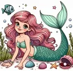 Mermaid in the Sea with Fish, Starfish and Shell with Pearl 🧜‍♀️🐠✨ Colored Example