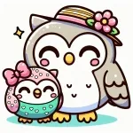 Mother Owl with Hat with Flower and Baby Owlet with Bow 🦉💐🌟 Colored Example