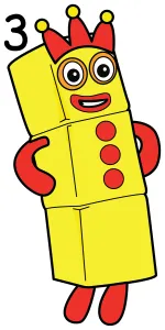 Numberblock Three is a fun and playful character who loves performing and making friends! 🎭🤡🎪 Colored Example