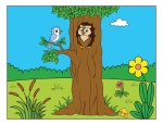 Owl Sitting in Tree Hollow with Bird on Branch in Nature Scene 🌳🦉 Colored Example