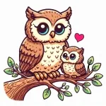 Owlet with Mother Owl on Tree Branch 🌳🦉❤️🍃 Colored Example
