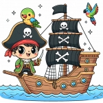 Pirate Boy on Ship with Parrot on his Hat 🏴‍☠️🦜🧑‍🚀 Colored Example