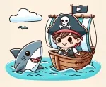 Happy Pirate Boy on Ship with Shark in the Sea ⚓🦈😊 Colored Example