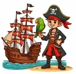 Pirate on Beach Standing in Front of Ship with Parrot 🏴‍☠️🏖️🦜 Colored Example