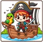 Pirate with Hat and Sword on Ship together with Parrot 🏴‍☠️⚔️🦜🎩 Colored Example