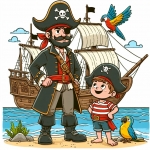 Pirate with Boy Standing in Front of Ship with Parrot 🏴‍☠️🦜👦 Colored Example