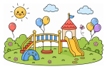 Playful Playground with Swing, Slide, and Balloon 🎈🌳 Colored Example