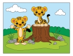 Playful Tiger Cubs Exploring Nature by a Tree Stump 🐯🌳🐾 Colored Example