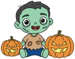 A playful zombie kid sitting between two smiling jack-o-lantern pumpkins 🎃👻🎃 Colored Example