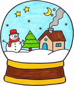 A charming winter scene inside a snow globe with a snowman, house, and tree 🌲❄️🏠 Colored Example