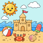 Sunny Beach Day with Sandcastle and Crab ☀️🏖️🦀 Colored Example