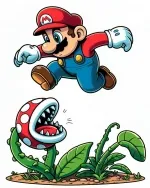 Super Mario Jumping over Piranha Plant Pakkun Flower 🍄🌟🎮 Colored Example