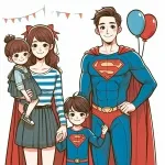 Family of Superheroes with Superman Mother Father and Son Dressed Up for Carnival 🦸‍♂️🦸‍♀️👨‍👩‍👦🎈 Colored Example