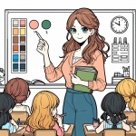 Teacher Pointing at Blackboard in Classroom with Girls Looking at the Board 📚👩‍🏫 📚👩‍🏫 Colored Example